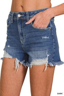 Distressed Hem Wash Denim Shorts Dark