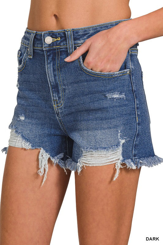 Distressed Hem Wash Denim Shorts Dark