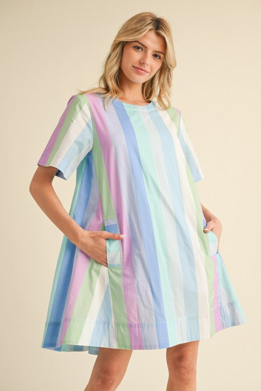 Stripes Print Dress with Pockets Royal Mix