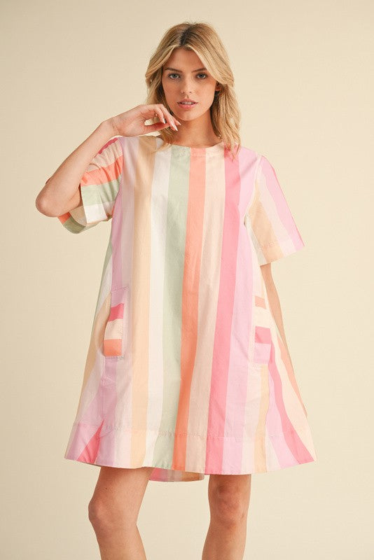 Stripes Print Dress with Pockets Pink Mix