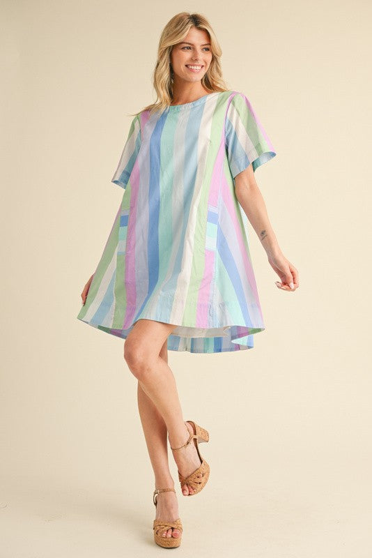 Stripes Print Dress with Pockets Royal Mix