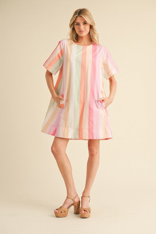 Stripes Print Dress with Pockets Pink Mix