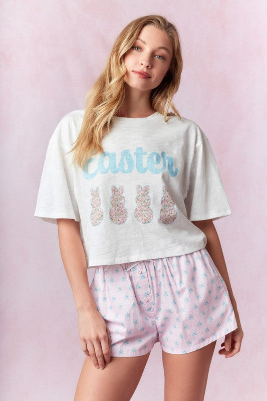 Easter Bunny  Cropped Cotton Slub Top White