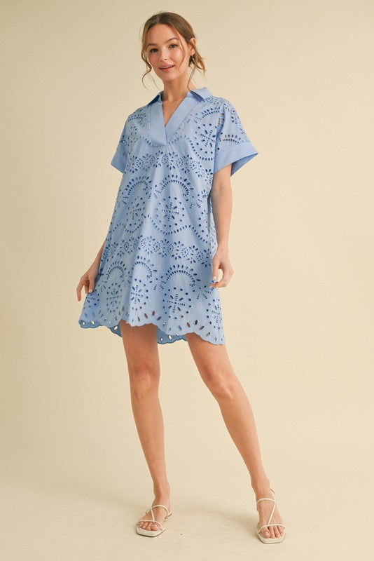 Eyelet Lace Collar Dress Blue