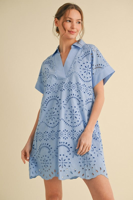 Eyelet Lace Collar Dress Blue