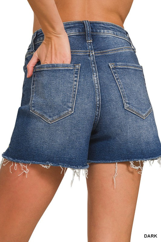 Distressed Hem Denim Shorts Dark