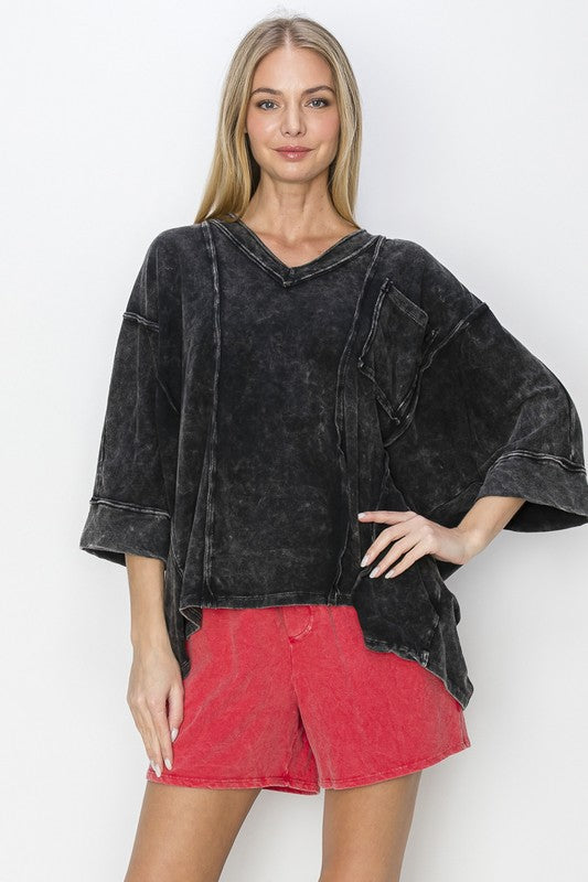 Mineral Wash Raw Detailed V-Neck Top Black