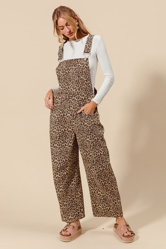 Leopard Denim Overalls Jumpsuit Oatmeal