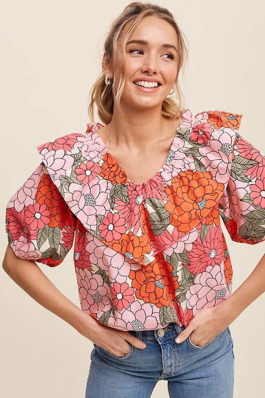 River Island floral ruffle blouse in pink