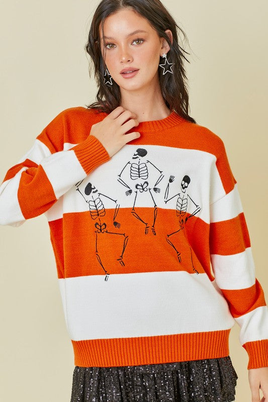 Halloween Skeleton Stripe Sweater Orange