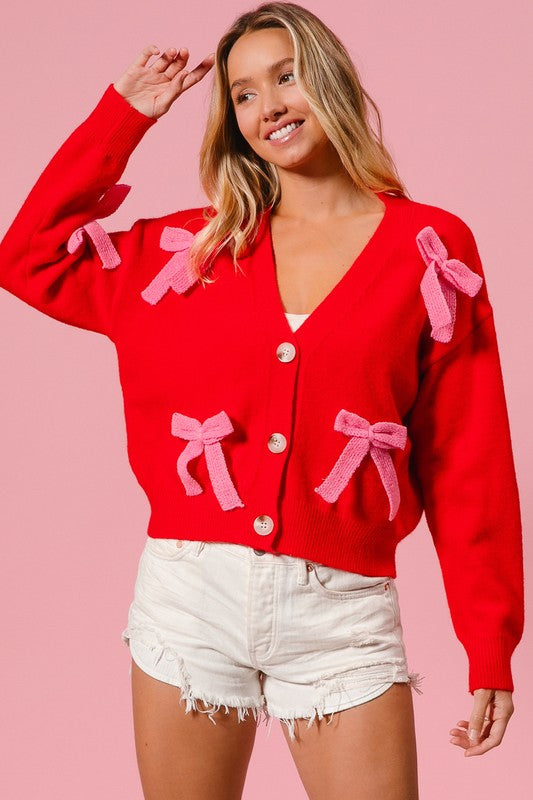 Ribbon Bow Sweater Cardigan Red/Pink