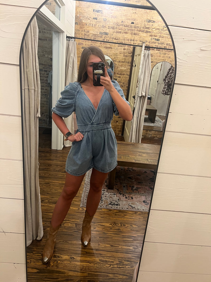 Washed Denim Pleated Puff Sleeve Romper Denim