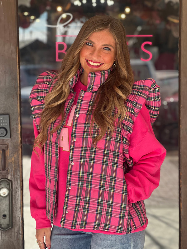 Quilted Plaid Print Vest Pink