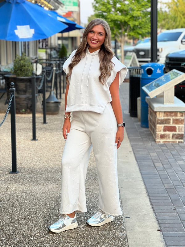 Textured Geometric Wide Leg Solid Sweatpants Silver