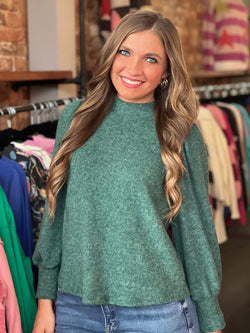 Brushed Puff Sleeve Sweater Green