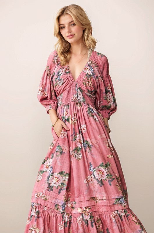 Garden Floral Smocked Waist Maxi Dress Blush Pink