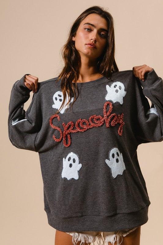 Sequin Ghost Patch Spooky Pullover Charcoal