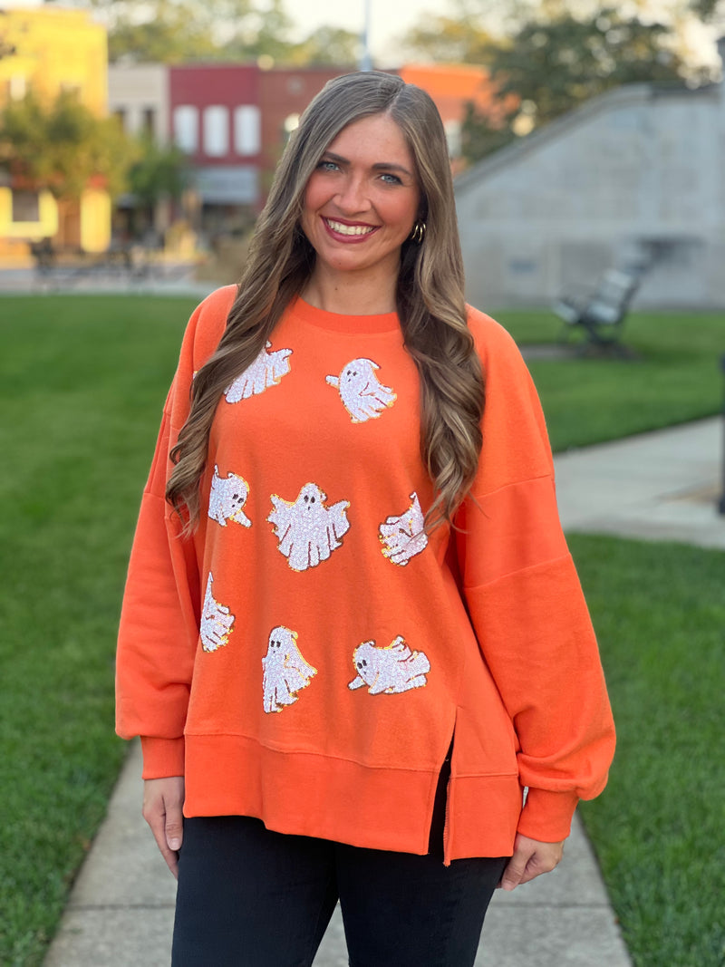 Fleece Terry Ghost Sequins Sweatshirt Orange