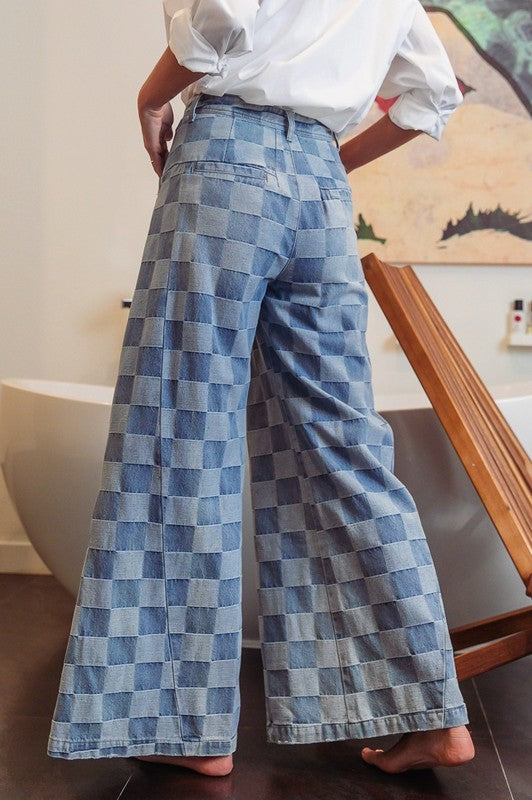 Washed Two Tone Checker Wide Pants Denim