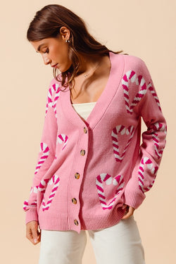 Christmas Candy Cane Sweater Cardigan Pink