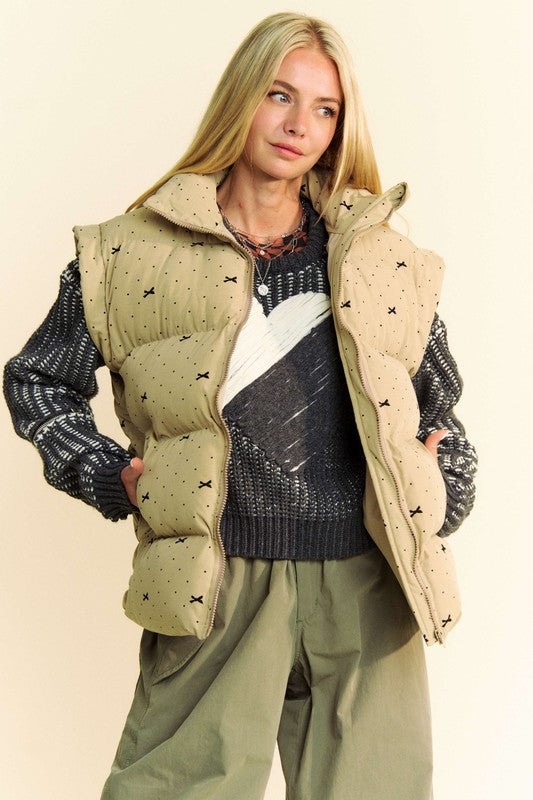 Ribbon Bow Puffer Vest Jacket Khaki