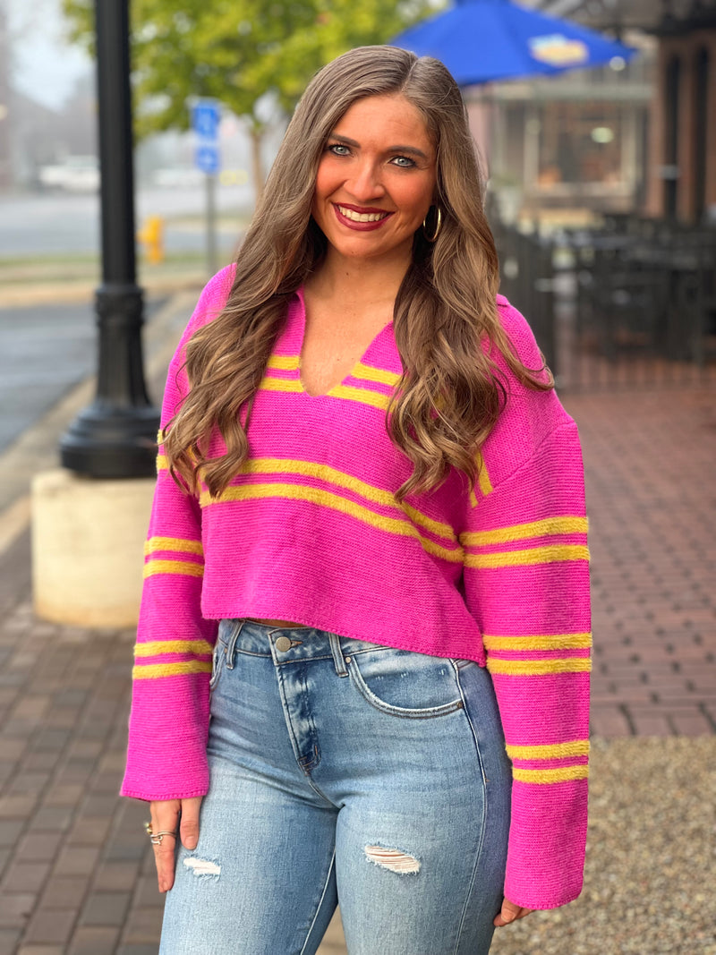 Cropped Stripe Sweater Pink/Lime