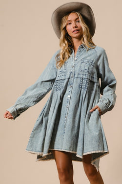 MIneral Washed Burron Down Dress Light Denim