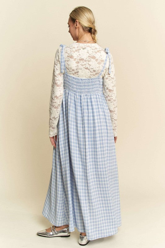 Plaid Smocking Maxi Dress Blue