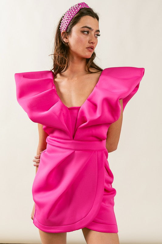 Ruffle Sleeve Tulip Skirt Scuba Dress Fuchsia