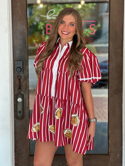 Stripe Shirt Dress W/ Football Sequins Crimson