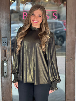 Glossy Long Poet Sleeve Top Black Gold Southern Fashion Boutique