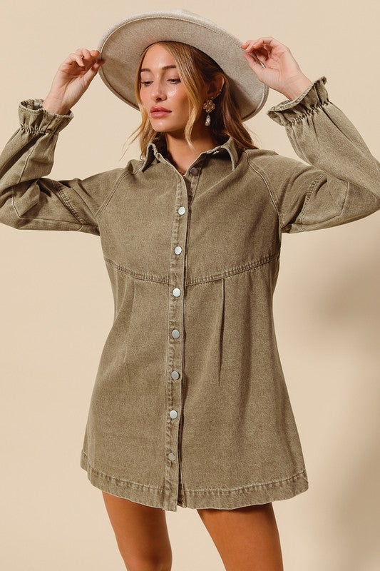 Washed Denim Button Down Mini Dress Olive