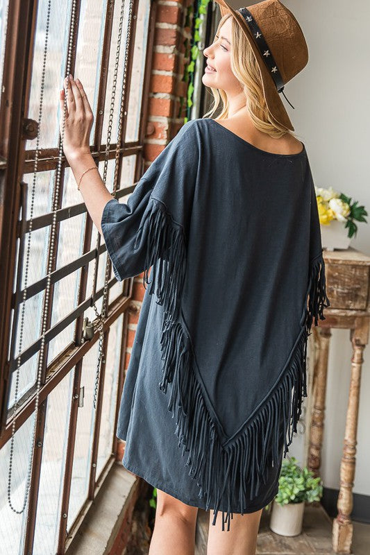 Fringe Back T-shirt Mini Dress Navy