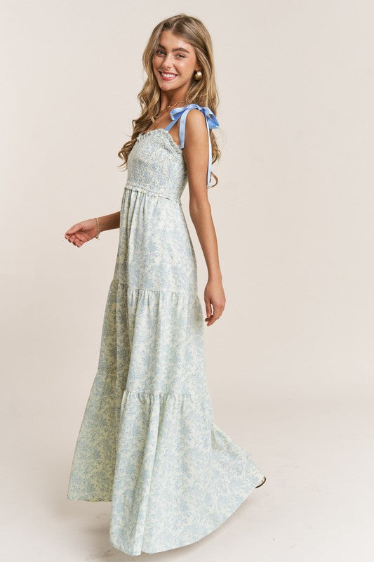 Empire Neck Line Tiered Maxi Dress Floral Blue