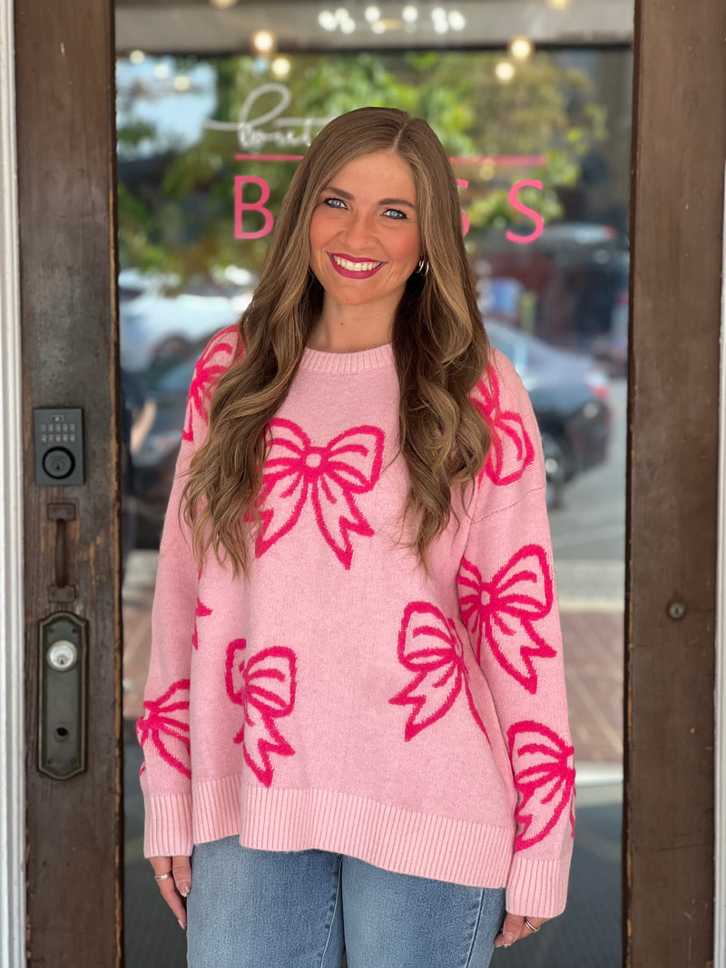 Loose Fit All Over Bow Sweater Pink