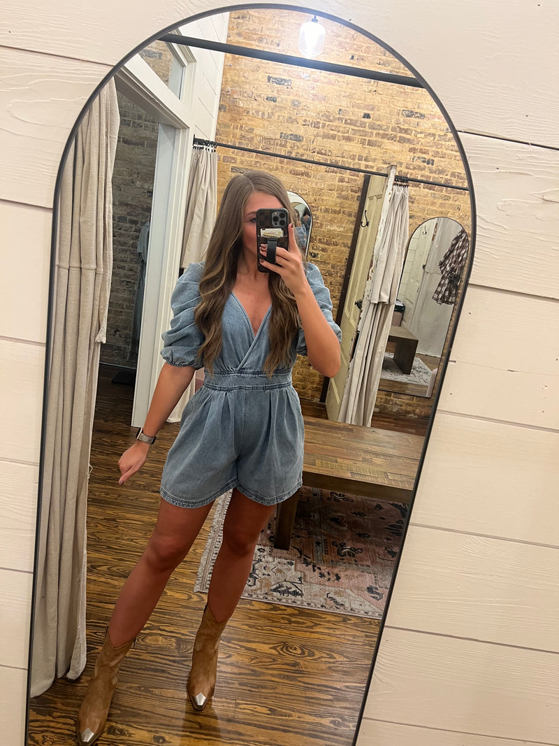 Washed Denim Pleated Puff Sleeve Romper Denim