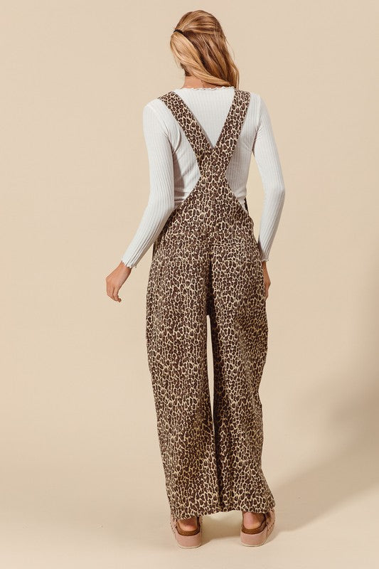 Leopard Denim Overalls Jumpsuit Oatmeal