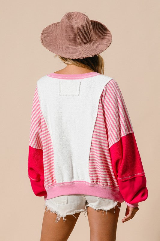 Heavy Loop Terry Stripe Pullover Ivory/Fuchsia