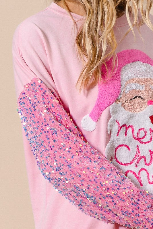 Santa Merry Christmas Face Pullover Pink