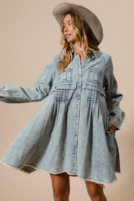 MIneral Washed Burron Down Dress Light Denim