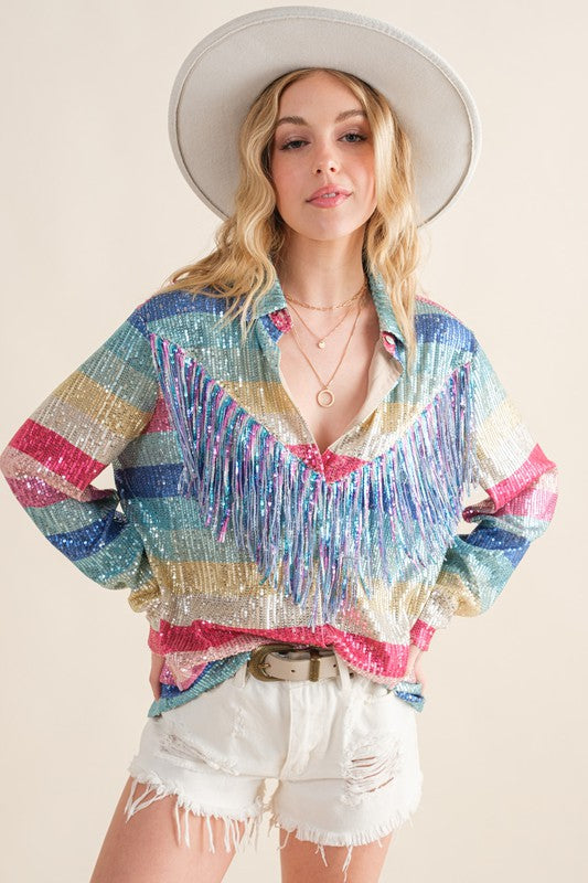 Rainbow Sequin Fringe Blazer