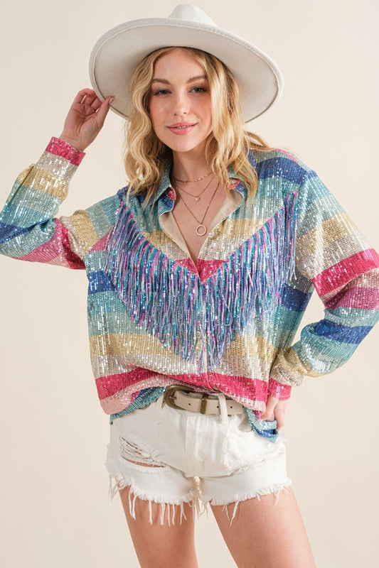 Stripe Sequin Fringe Top Rainbow