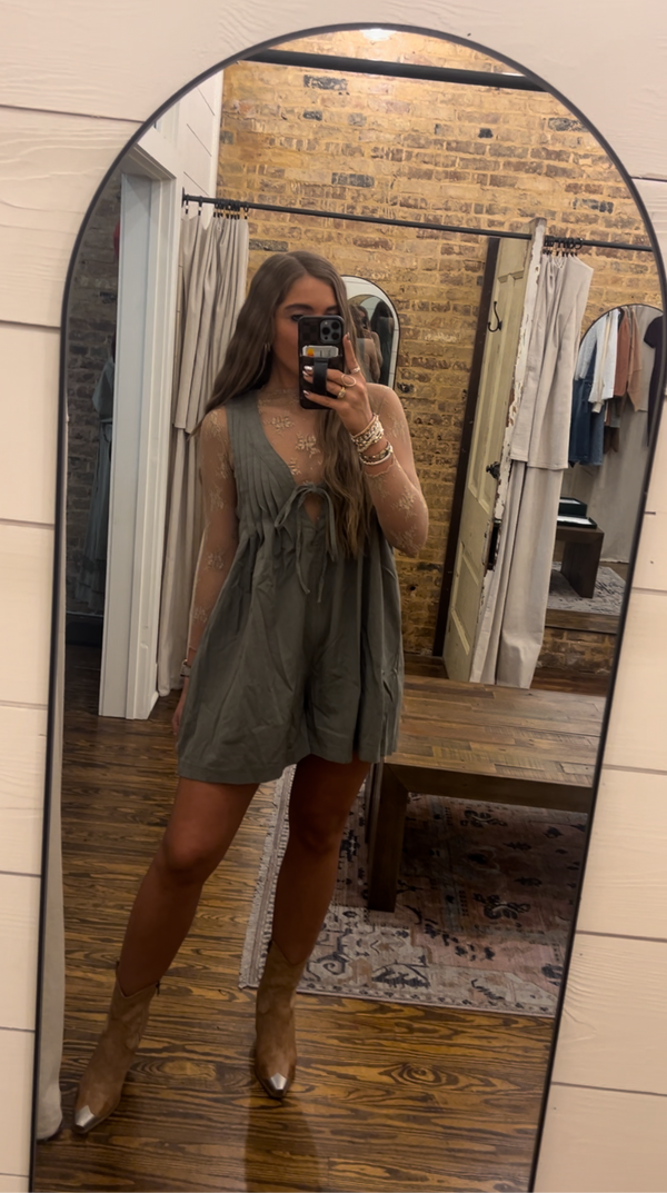 V-Neck Sleeveless Denim Romper Green