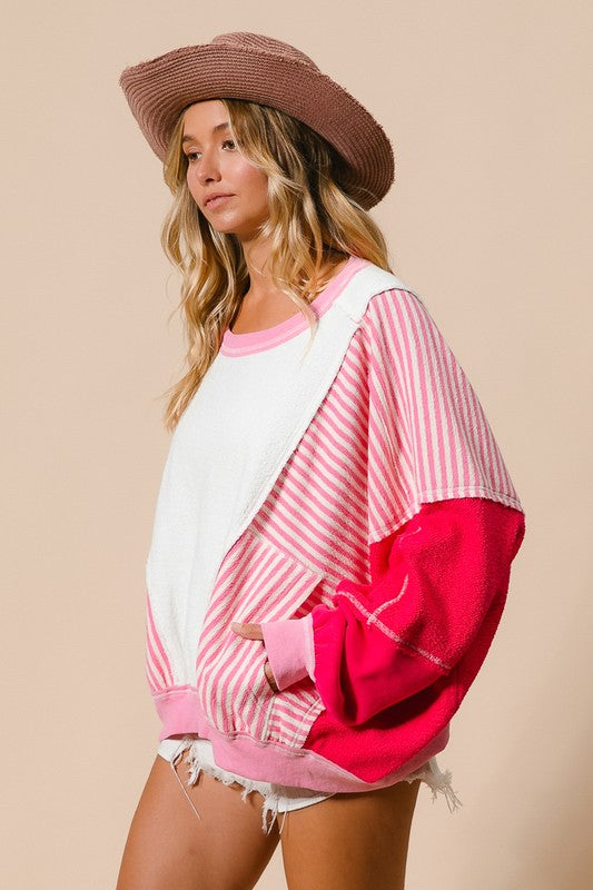 Heavy Loop Terry Stripe Pullover Ivory/Fuchsia