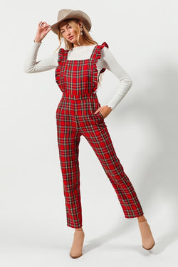 Christmas Plaid Ruffle Strap Overalls Red