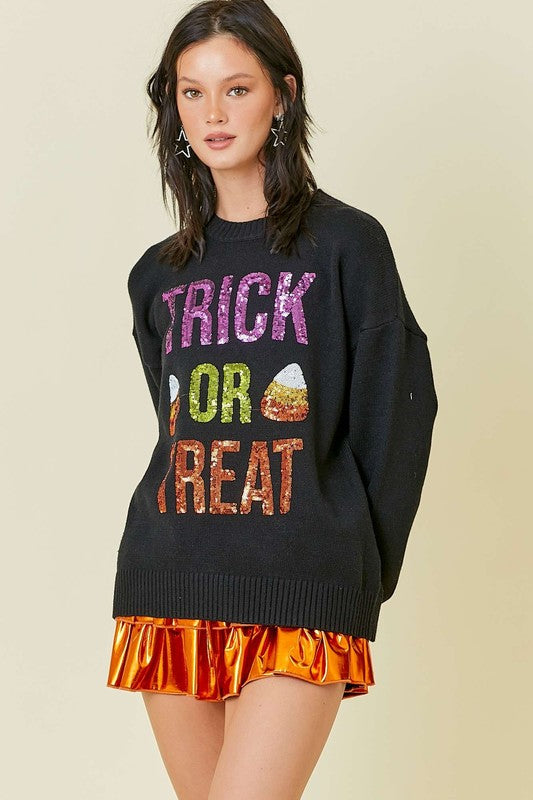 Halloween Trick Or Treat Sequin Sweater Black