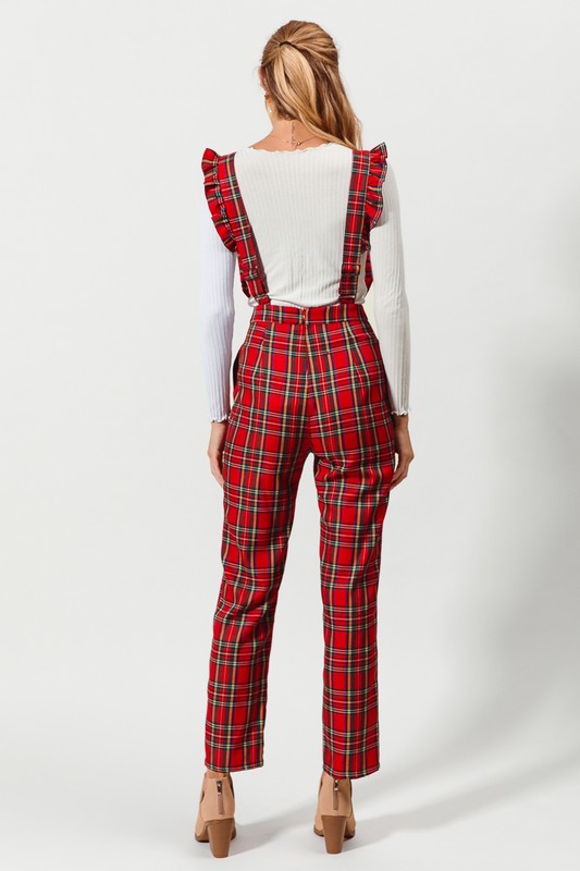 Christmas Plaid Ruffle Strap Overalls Red