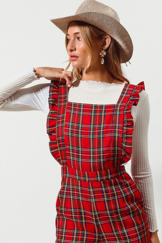 Christmas Plaid Ruffle Strap Overalls Red