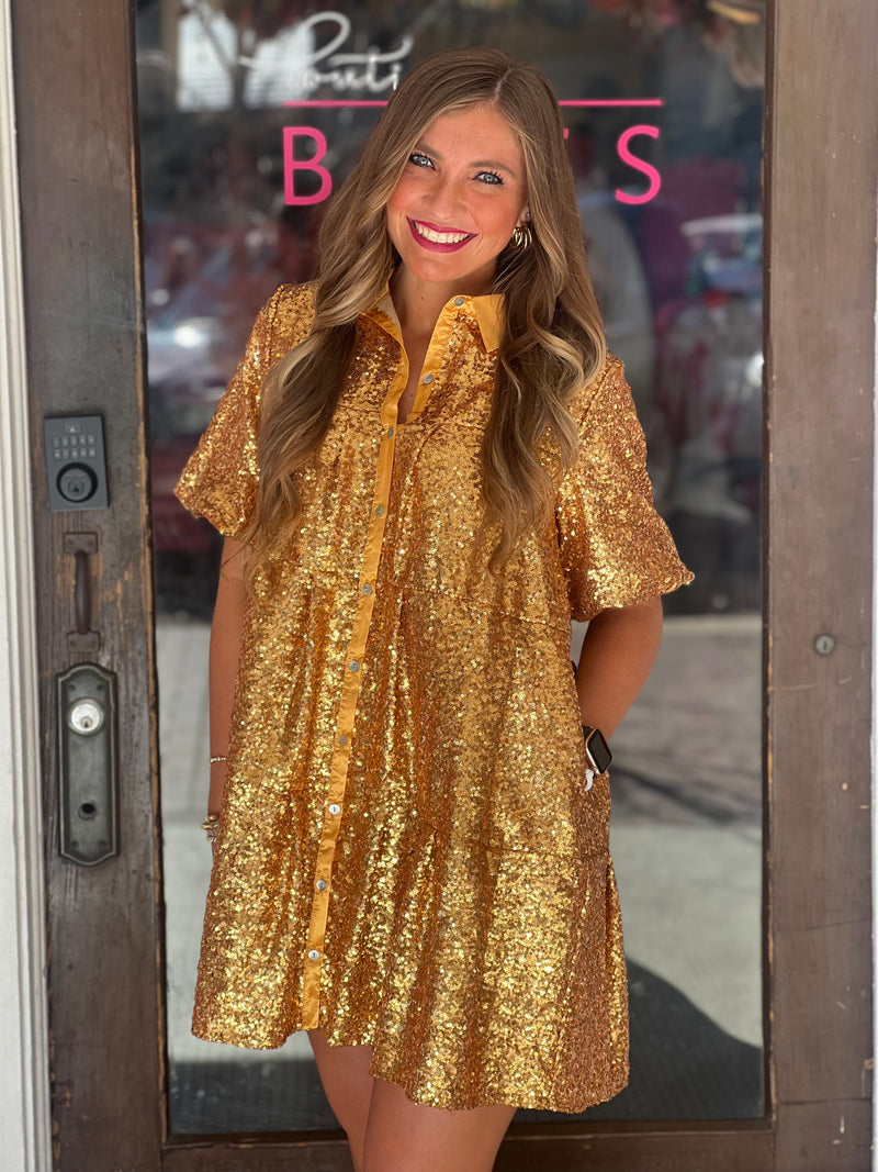 Sequins Dress with Collar Gold