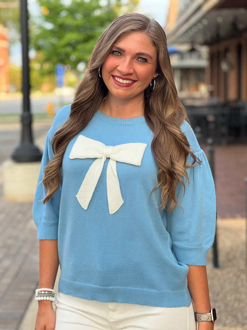 Knit Top w/ Front Bow Patch Lt Blue